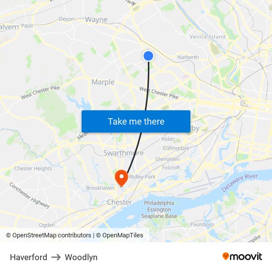 Haverford to Woodlyn map