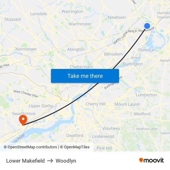 Lower Makefield to Woodlyn map