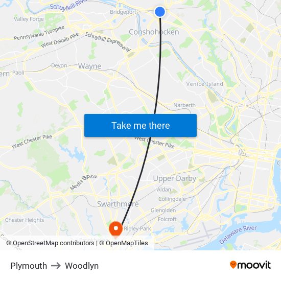 Plymouth to Woodlyn map