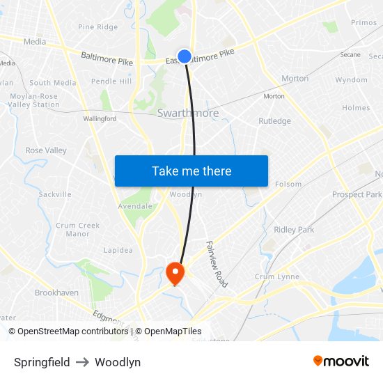 Springfield to Woodlyn map