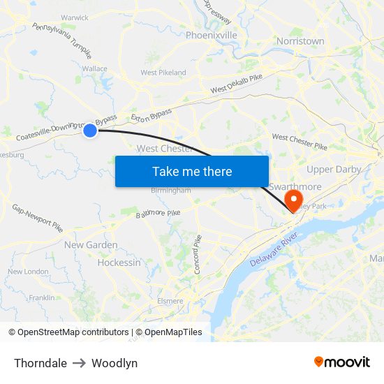 Thorndale to Woodlyn map