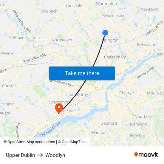 Upper Dublin to Woodlyn map