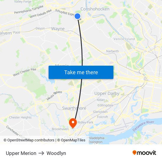 Upper Merion to Woodlyn map