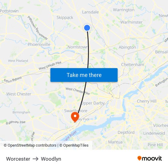 Worcester to Woodlyn map