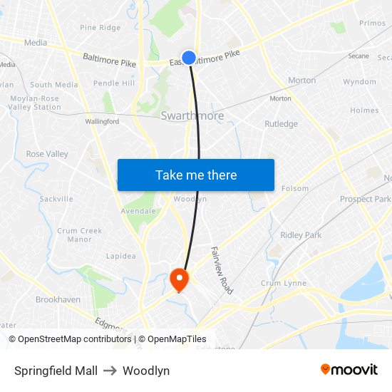 Springfield Mall to Woodlyn map