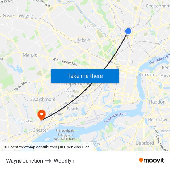 Wayne Junction to Woodlyn map