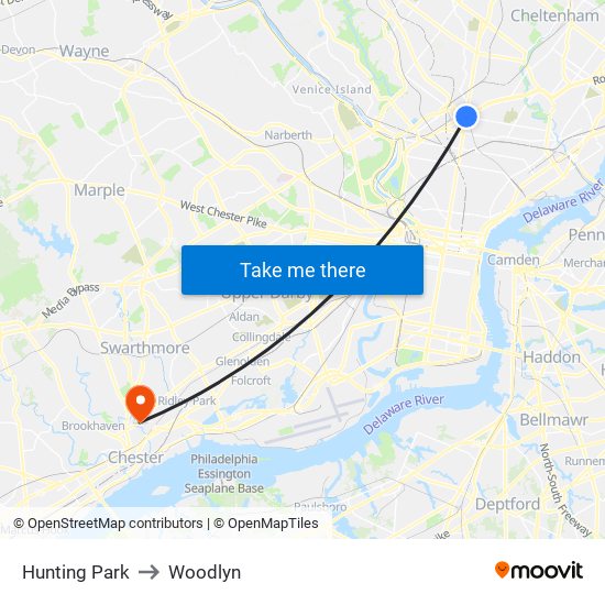 Hunting Park to Woodlyn map