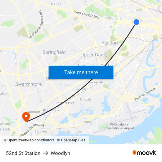 52nd St Station to Woodlyn map