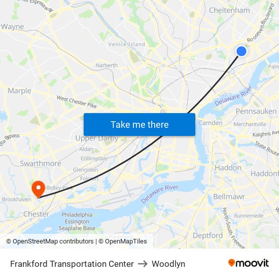 Frankford Transportation Center to Woodlyn map