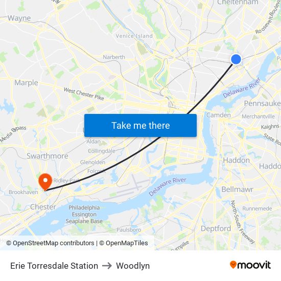 Erie Torresdale Station to Woodlyn map