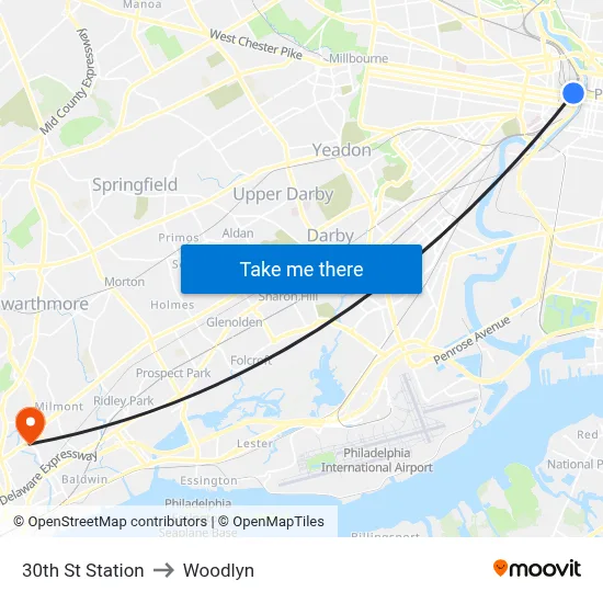 30th St Station to Woodlyn map