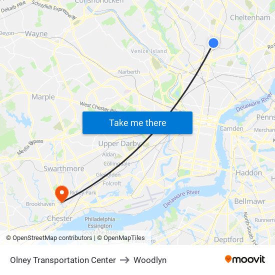 Olney Transportation Center to Woodlyn map