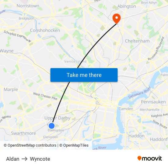 Aldan to Wyncote map