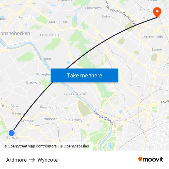 Ardmore to Wyncote map