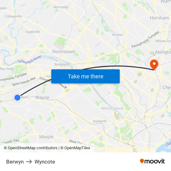 Berwyn to Wyncote map