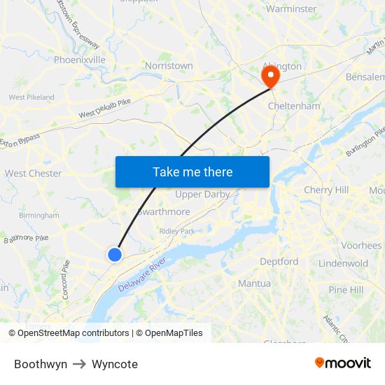 Boothwyn to Wyncote map