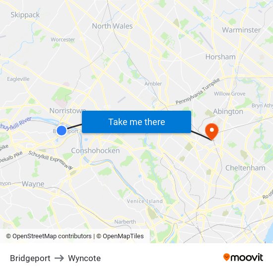 Bridgeport to Wyncote map