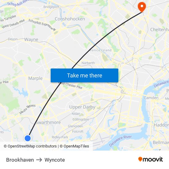 Brookhaven to Wyncote map