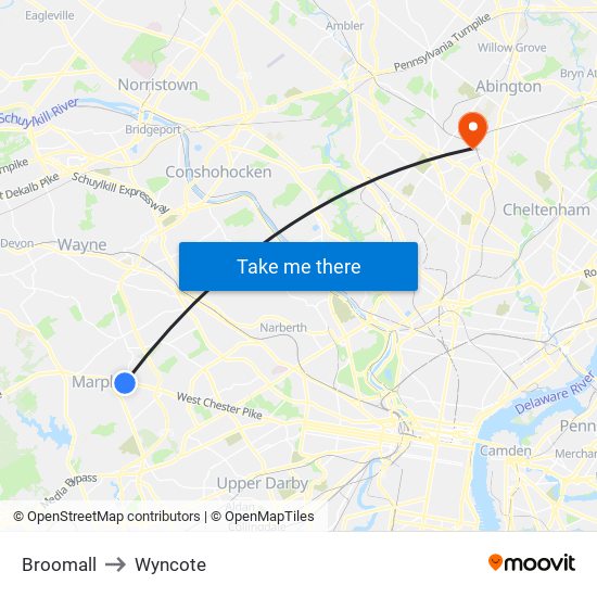 Broomall to Wyncote map