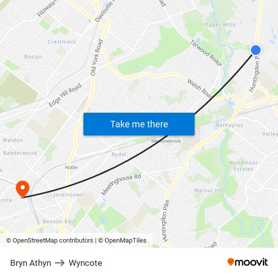 Bryn Athyn to Wyncote map
