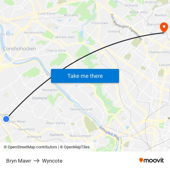 Bryn Mawr to Wyncote map