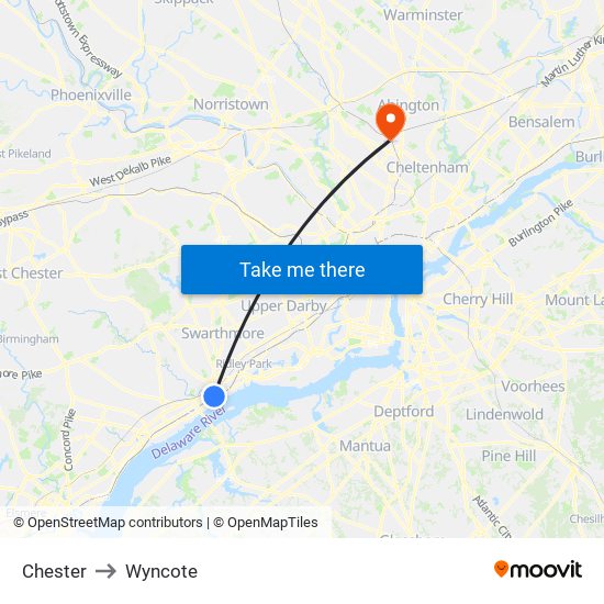 Chester to Wyncote map