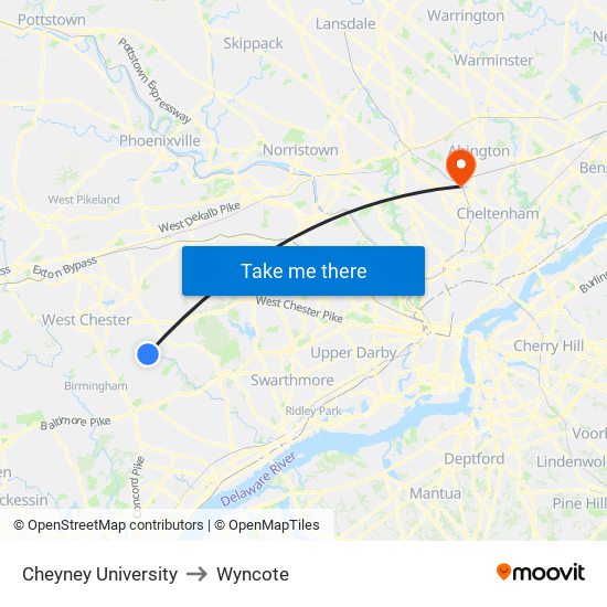 Cheyney University to Wyncote map
