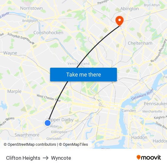 Clifton Heights to Wyncote map