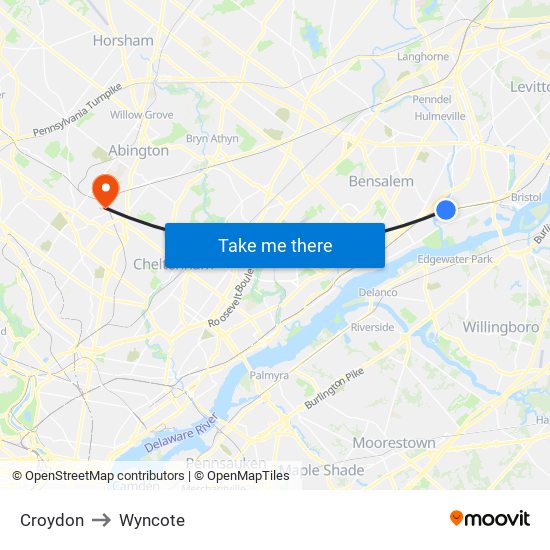 Croydon to Wyncote map
