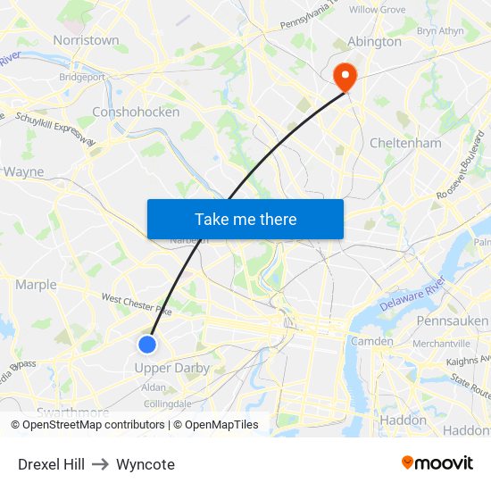 Drexel Hill to Wyncote map