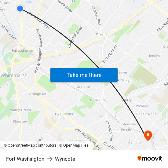 Fort Washington to Wyncote map