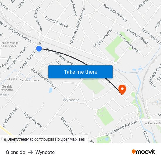 Glenside to Wyncote map