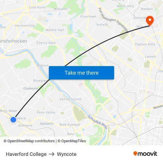 Haverford College to Wyncote map