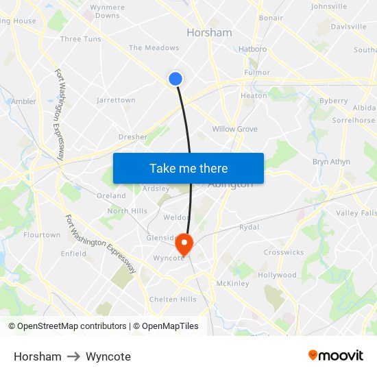 Horsham to Wyncote map