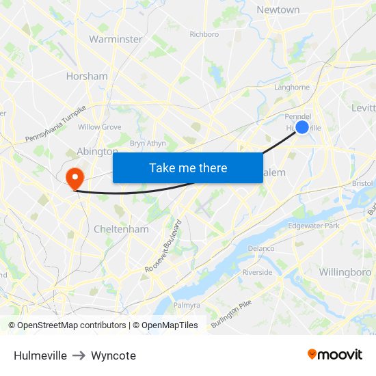 Hulmeville to Wyncote map