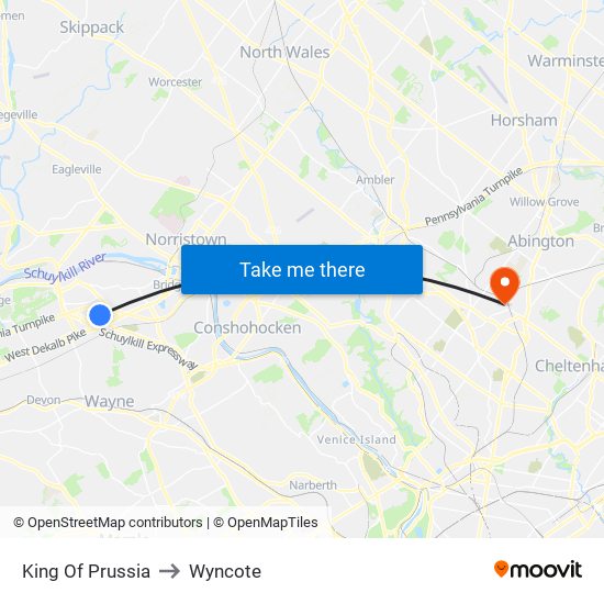 King Of Prussia to Wyncote map