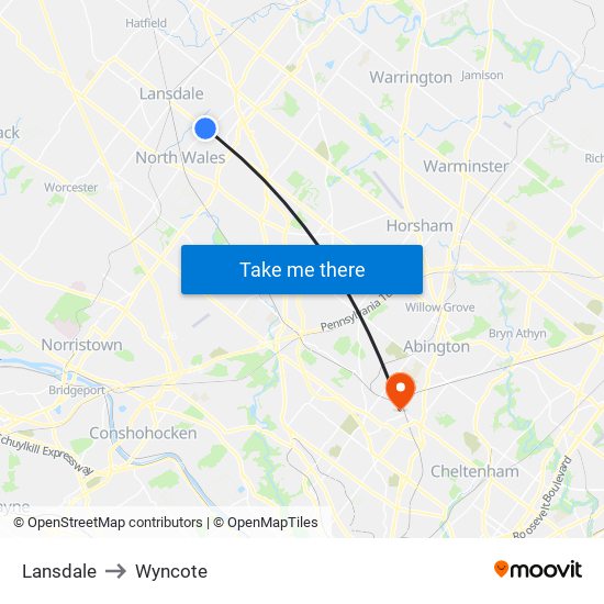 Lansdale to Wyncote map