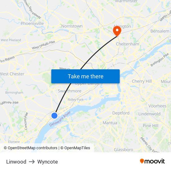Linwood to Wyncote map