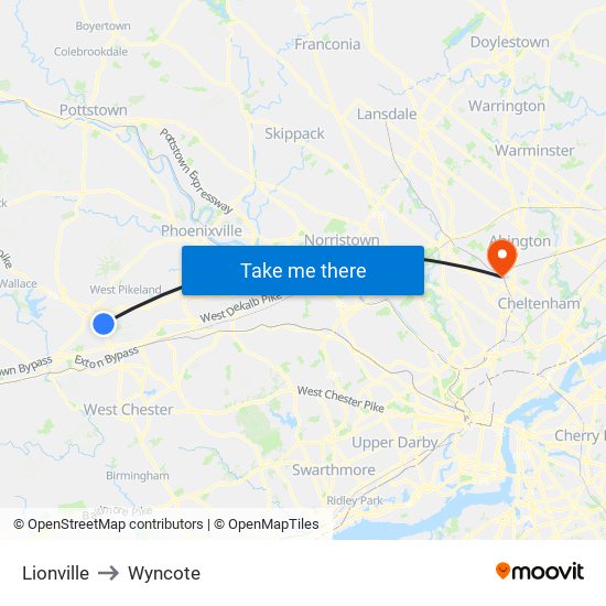 Lionville to Wyncote map
