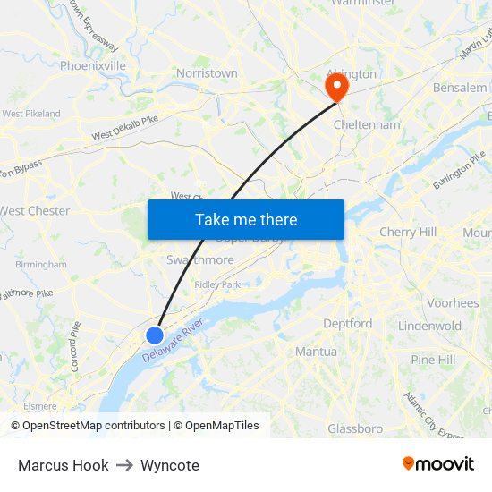 Marcus Hook to Wyncote map