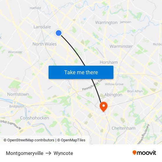 Montgomeryville to Wyncote map