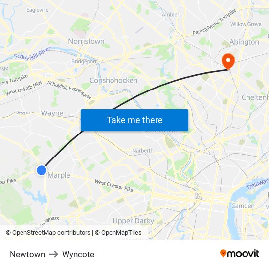 Newtown to Wyncote map