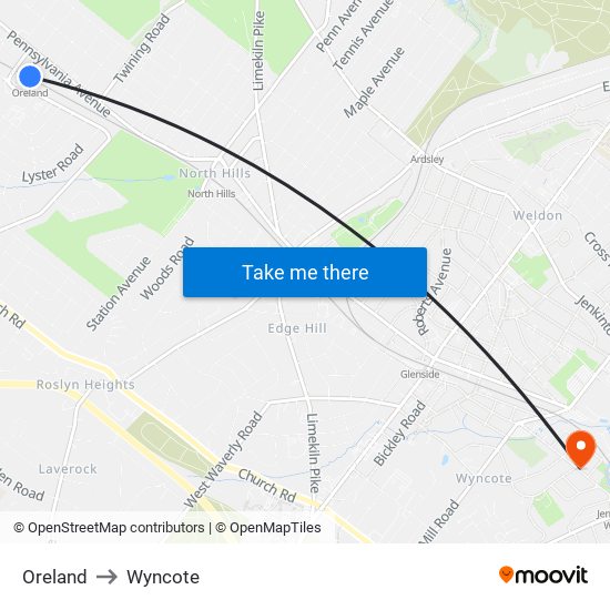 Oreland to Wyncote map