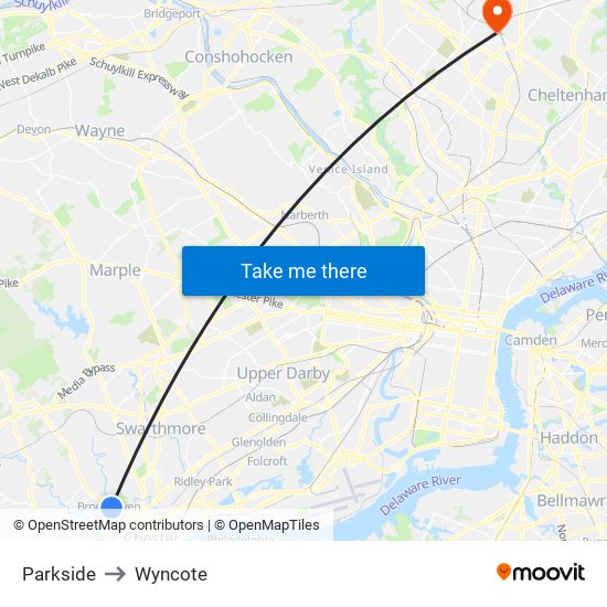 Parkside to Wyncote map
