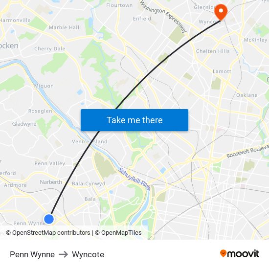 Penn Wynne to Wyncote map
