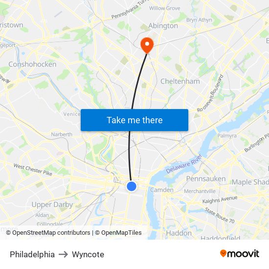 Philadelphia to Wyncote map