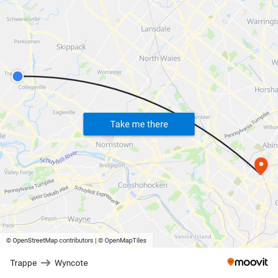 Trappe to Wyncote map