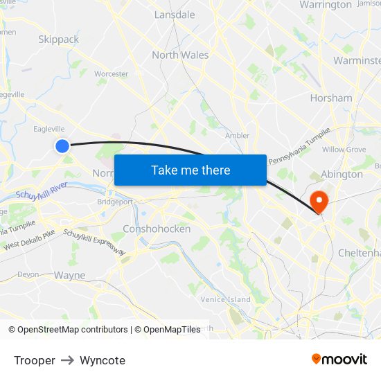 Trooper to Wyncote map