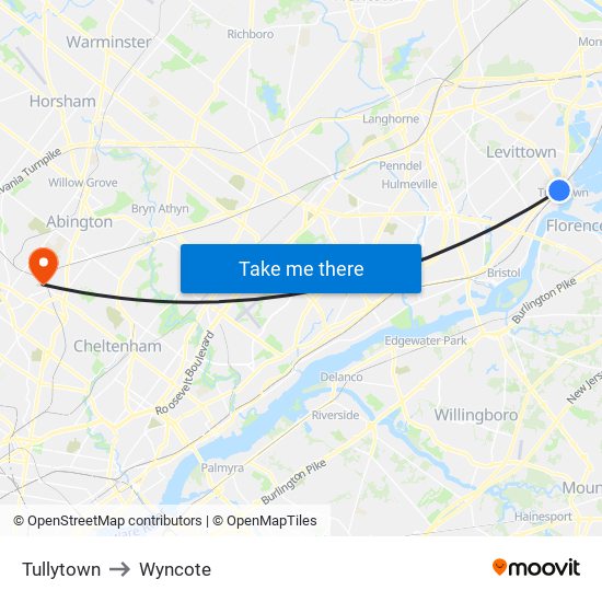 Tullytown to Wyncote map