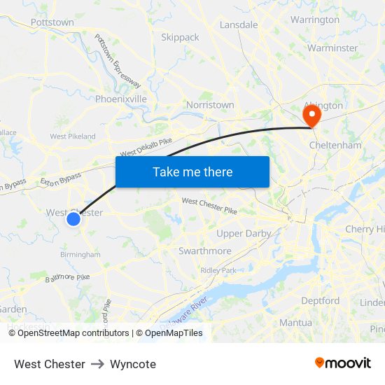 West Chester to Wyncote map